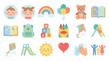 Collection of colorful icons representing childhood, education, and play, including children, toys, and school supplies.