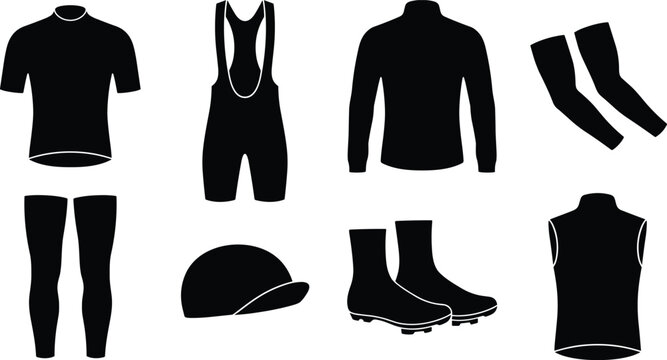 Cycling Apparel and Accessories Black Silhouette Icon Set for Sports and Outdoor Activities