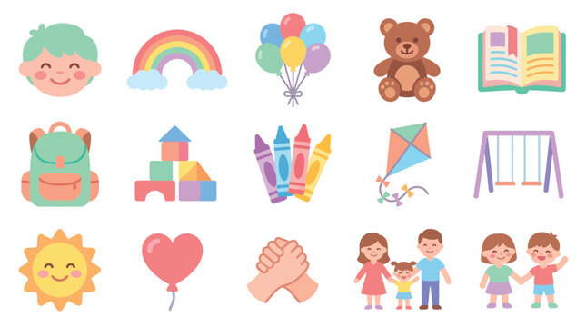 Collection of cute cartoon icons representing childhood, play, and family.