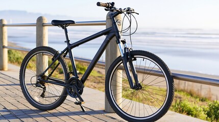 Fototapeta premium Sleek black mountain bike parked on a scenic boardwalk by the ocean at sunrise, ready for adventure.