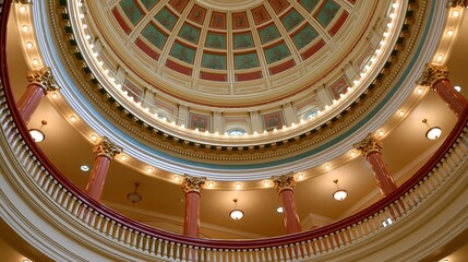Obraz premium Grand interior architectural dome with ornate columns and balcony overlooking central atrium