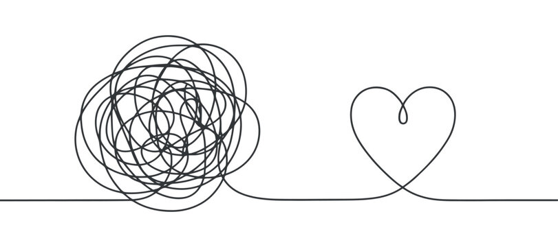 Tangled thread and heart shape illustration single line drawing on transparent setting yarn line