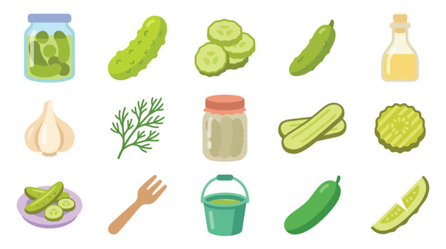 Collection of fresh and pickled cucumber ingredients and tools for making pickles.