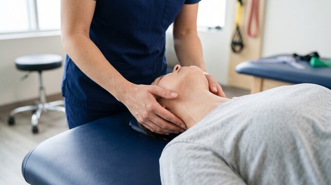 Physical therapist performs a manual neck adjustment on a patient in clinic.
