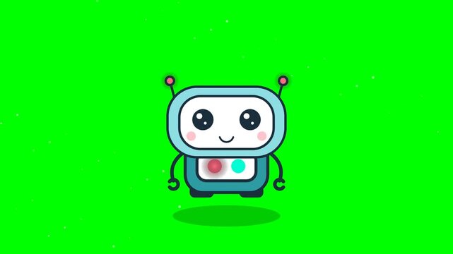 Cute Animated Robot Character Floating Over Bright Green Screen Background Seamless Loop