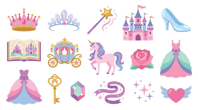 Collection of magical princess fantasy elements including crowns, castles, carriage, unicorn, wand, dress, and jewels.