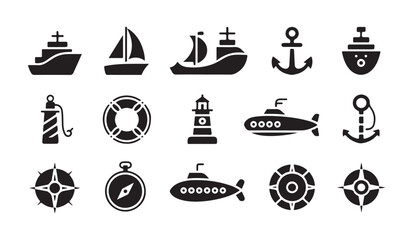 Collection of maritime and nautical icons including sailboats submarines life buoys and compasses for navigation. © MDIKRAM