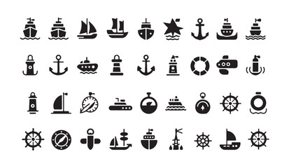 Diverse maritime and nautical icon set featuring ships anchors life buoys ship wheels and sailing equipment. © MDIKRAM