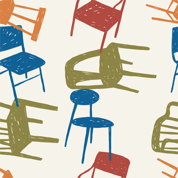 Hand drawn retro chair vector illustration. Vintage print in doodle style. Seamless pattern