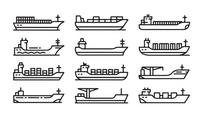 Cargo ship line icons set including freighter ocean vessel container carrier maritime transport logistics. © MDIKRAM
