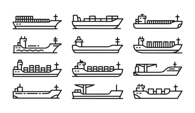 Cargo ship line icons set including freighter ocean vessel container carrier maritime transport logistics.