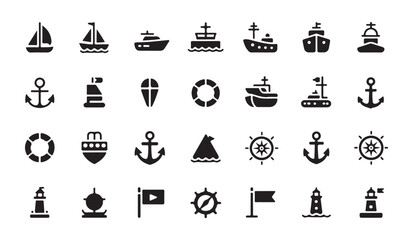 Various marine and nautical symbols including ships anchors lighthouses steering wheels and safety buoys set. © MDIKRAM