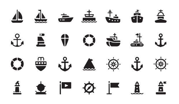 Various marine and nautical symbols including ships anchors lighthouses steering wheels and safety buoys set.