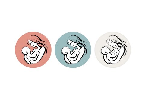 Minimalist motherhood and baby care icon set with artistic line art style varying soft background colors