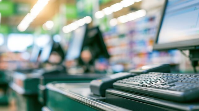 Empty Checkout Lanes in Modern Supermarket with Blurry Background Lighting