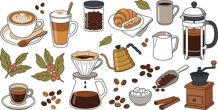 Cafe coffee brewing equipment and drinks vector illustration set with espresso latte pour over french press grinder and croissant icons for coffee shop menu layout templates