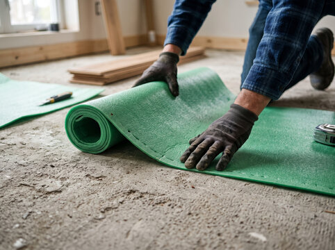 Rolling out green underlayment foam sheet on concrete subfloor
