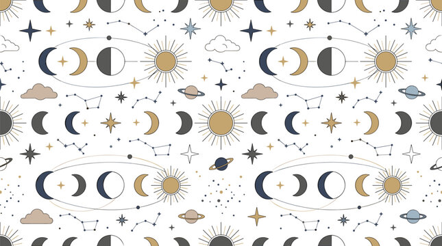 Celestial mystical seamless pattern with sun moon phases constellations and stars on white background for boho astrology textile wallpaper stationery design templates