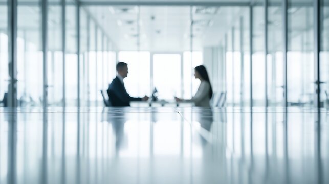 Two business professionals in a modern, bright office, discussing strategy across a long, reflective conference table