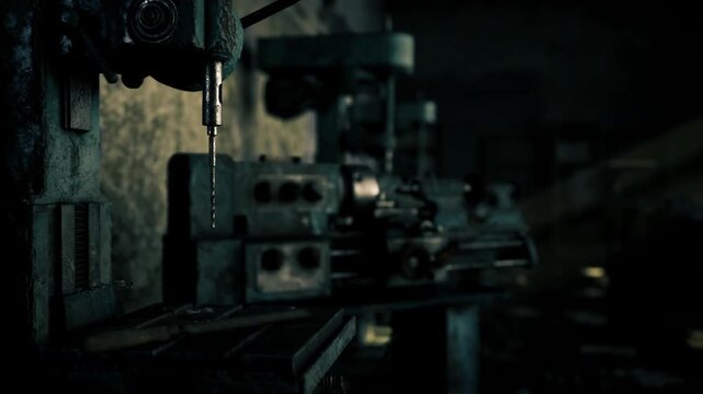Empty milling station under low light, dustfilled air and corroded levers frame silent tooling, peeling paint and scattered metal shavings suggest long pause