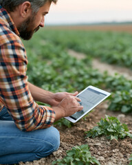 Fototapeta premium Farmer kneels beside crops, using tablet for monitoring. He focuses intently on data, checking growth and soil conditions. Modern farming blends tradition with technology for efficiency