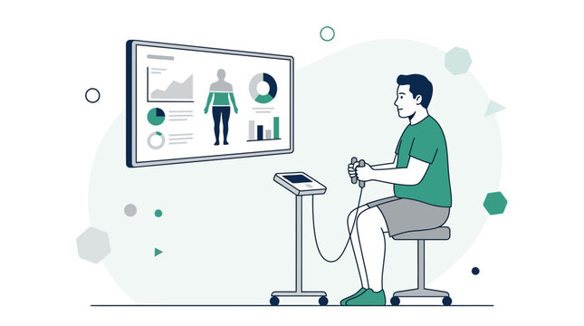 Patient undergoing body composition analysis using medical equipment with data displayed on a large screen.