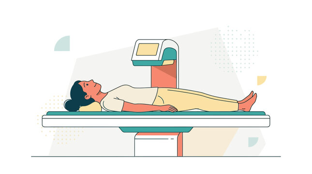 Patient undergoing bone densitometry scan for osteoporosis diagnosis and bone health assessment in modern medical clinic.