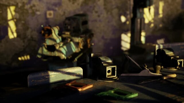 Scattered childs desk with toy and stationery on dusted surface, soft sunlight highlighting worn textures, playful objects frozen in time evoke nostalgia