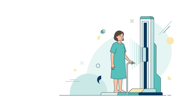 Patient undergoing medical scan on bone density machine with modern flat design and abstract elements