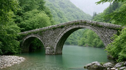 Fototapeta premium Historic Stone Arch Bridge Spanning a Tranquil River Surrounded by Lush Green Forest Scenery