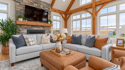 Obraz premium Cozy Rustic Living Room with Stone Fireplace, Vaulted Beamed Ceiling, and Panoramic Windows Offering Scenic Countryside Views