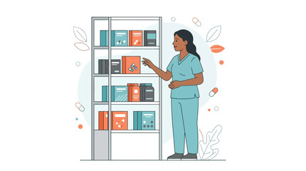 Obraz premium Pharmacist or Nurse Arranging Medications on Shelves in a Pharmacy or Hospital Setting - Vector Illustration