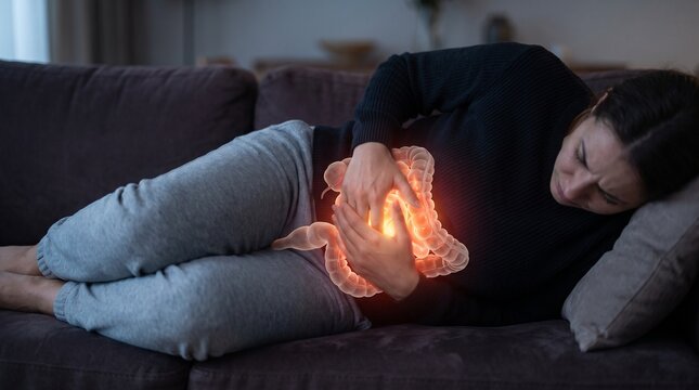 A woman is lying on a sofa, holding her stomach in pain, with a glowing illustration of her intestines superimposed.