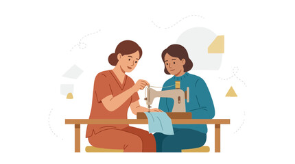 Fototapeta premium Two women sewing on a sewing machine, vector illustration, flat design, learning, crafting, hobby, teamwork
