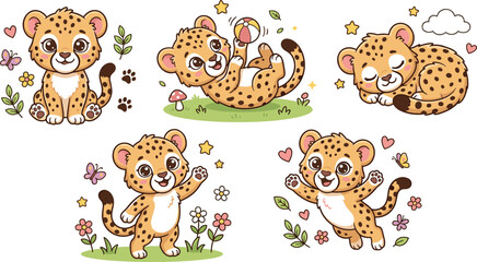 Cute cartoon baby cheetah sticker set with playful cub characters sitting sleeping jumping and waving for children nursery graphic design template elements © Protima