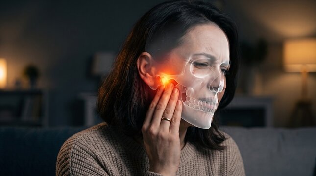 Woman experiencing intense jaw pain, with a superimposed anatomical illustration of the temporomandibular joint highlighted in red.