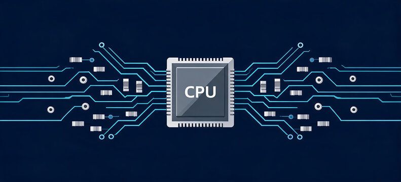 A central processing unit connected to blue circuit traces on a dark background, representing computer hardware technology.