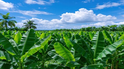 Obraz premium Lush green banana plants under vibrant blue sky with fluffy white clouds on a sunny day in the tropics