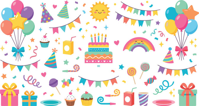 Cute cartoon birthday party element set with cake balloons gifts and colorful bunting flags for children celebration invitation design templates