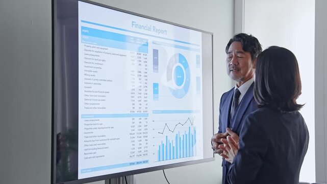 画面を見ながら会話するビジネスパーソンのグループ。会議、ミーティング、商談、プレゼン、コンサル、経営