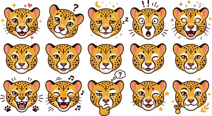 Cute cartoon cheetah emoticon faces avatar sticker set with different animal character emotions and expressions for social media messaging chat graphic element templates © Protima