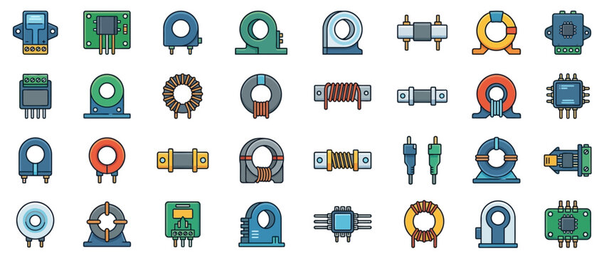 Set of electronic component icons featuring inductors and microchips