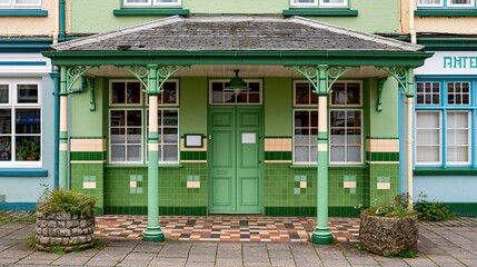 Obraz premium Charming Green Victorian-Style Building Facade with Ornate Porch and Tiled Details