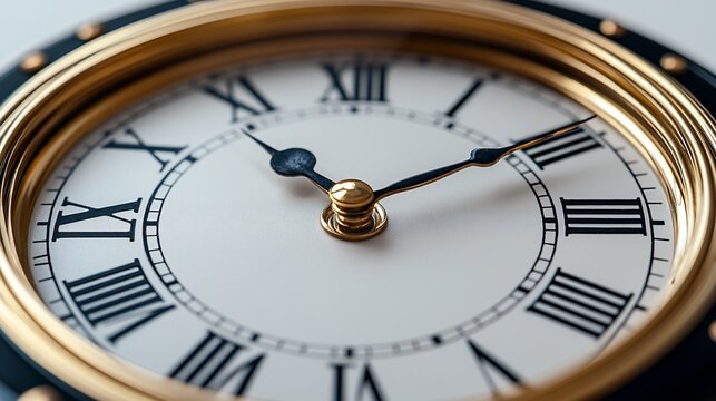 Close-up gold Roman numeral clock face; white background; time management concept
