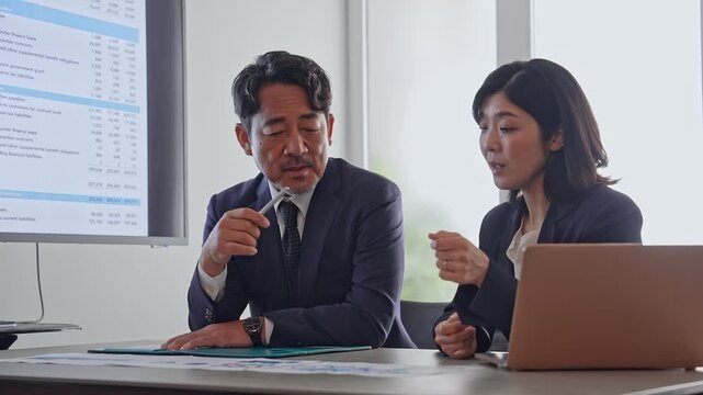 書類を見ながら会話するビジネスパーソンのグループ。会議、ミーティング、相談、チームワーク、経営、人材