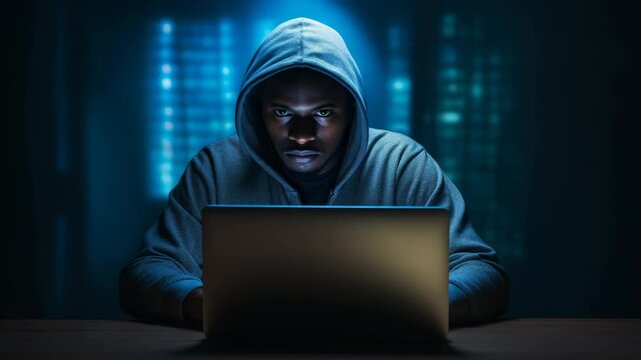 Online scammer working on laptop computer