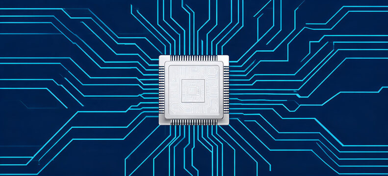 A central semiconductor microprocessor connected to bright blue circuit traces on a dark electronic circuit board, representing digital technology and electronic engineering.