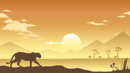 African Savanna Landscape with Walking Cheetah Silhouette © rvfeeyah.std
