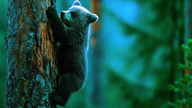 A curious bear cub climbing a tree in a serene forest video