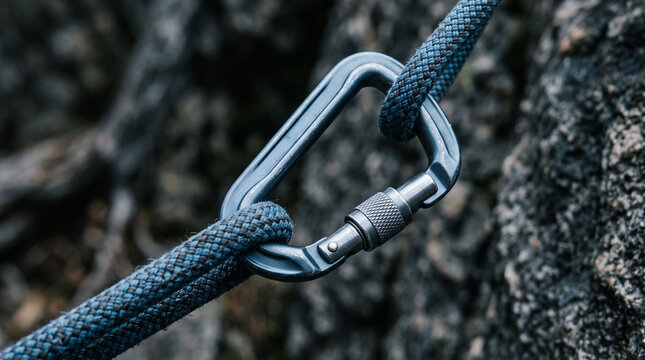 Climbing rope with carabiner close up